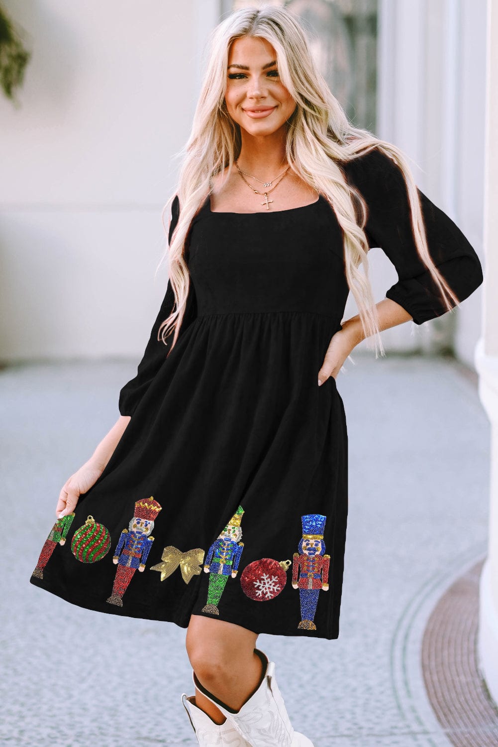 Sparkling Black Christmas Nutcracker Square Neck Mini Dress