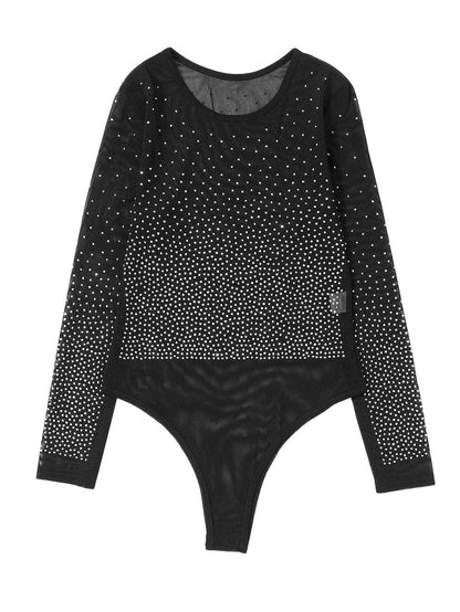 Sparkling Black Rhinestone Mesh Long Sleeve Bodysuit