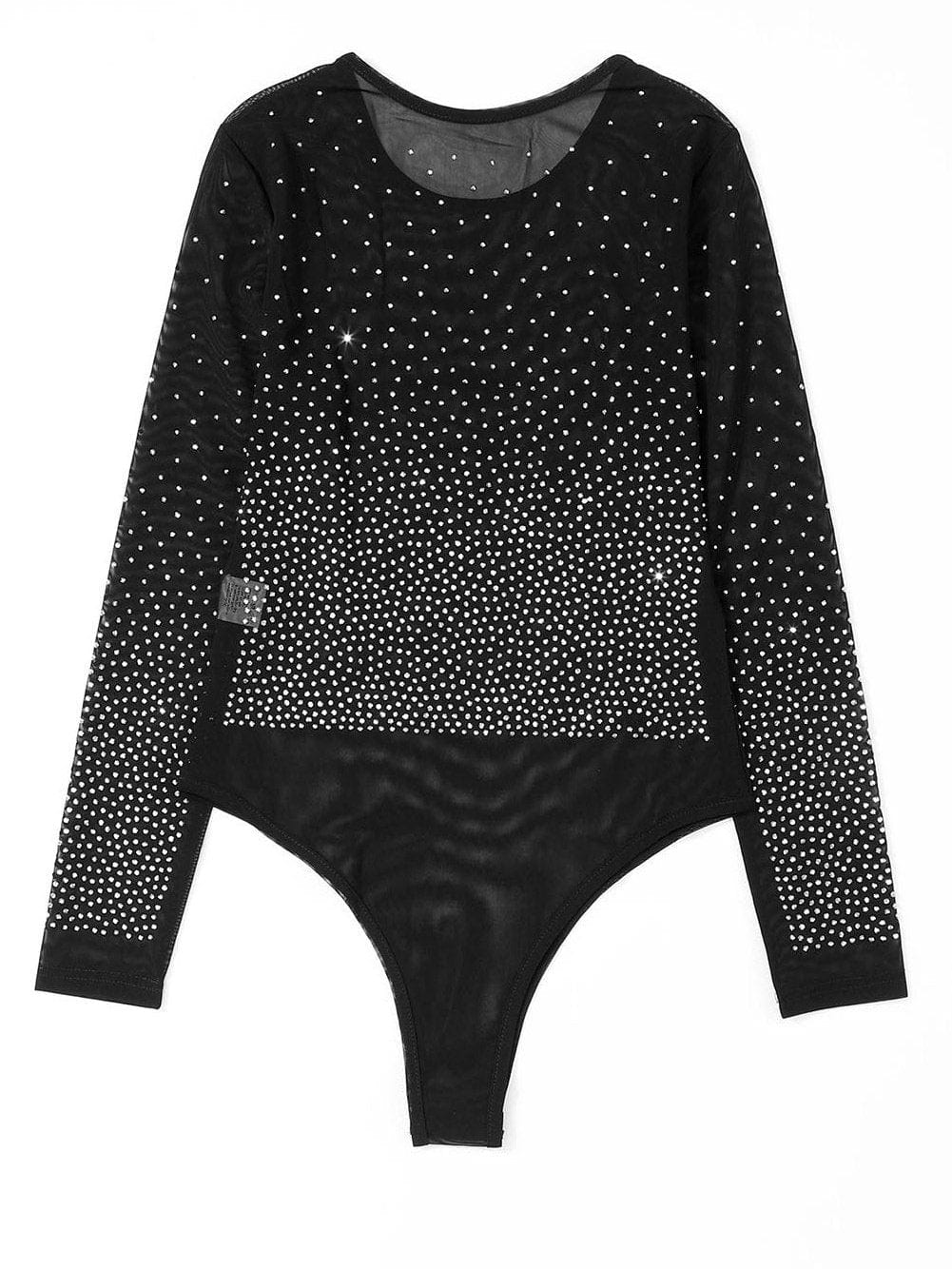 Sparkling Black Rhinestone Mesh Long Sleeve Bodysuit