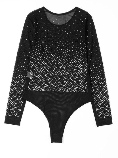 Sparkling Black Rhinestone Mesh Long Sleeve Bodysuit