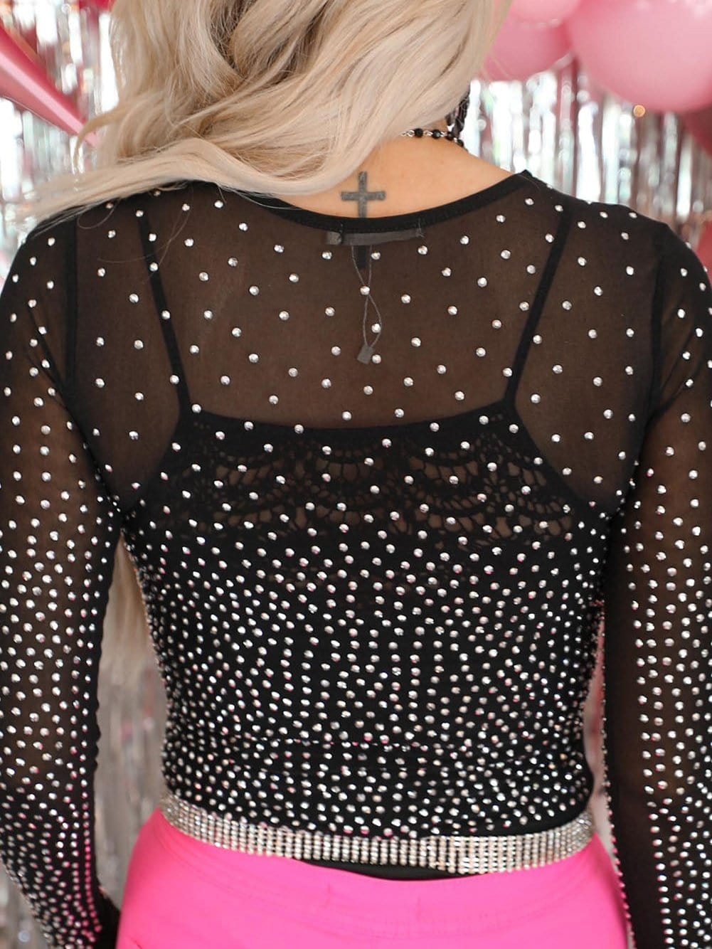 Sparkling Black Rhinestone Mesh Long Sleeve Bodysuit