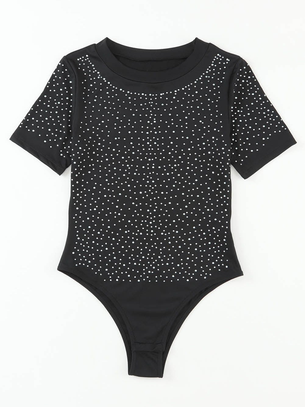 Sparkling Black Rhinestone Round Neck Short Sleeve Bodysuit