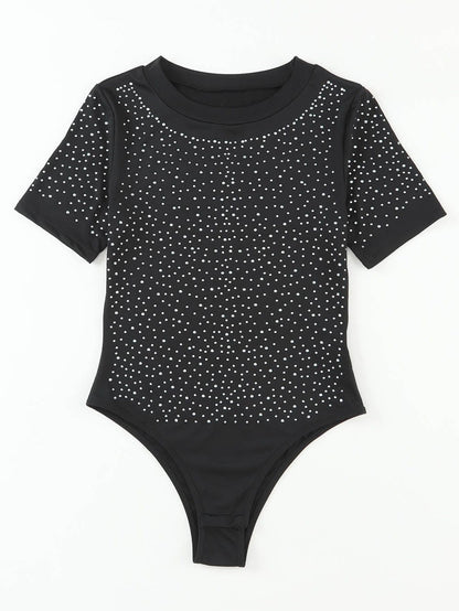 Sparkling Black Rhinestone Round Neck Short Sleeve Bodysuit