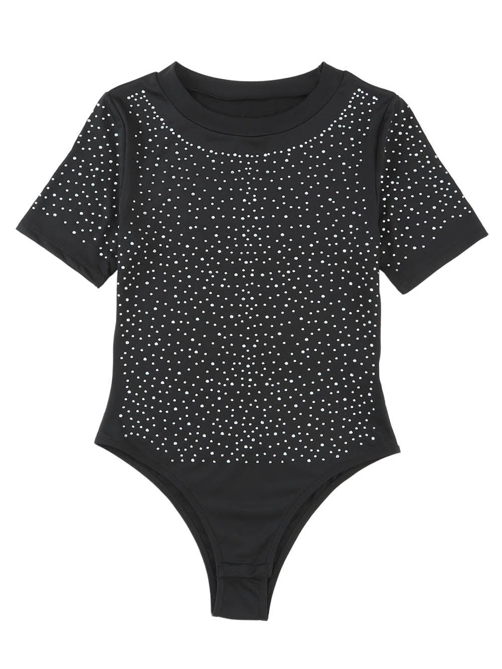 Sparkling Black Rhinestone Round Neck Short Sleeve Bodysuit