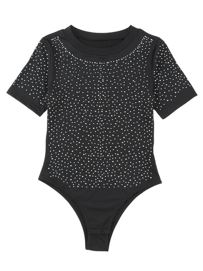 Sparkling Black Rhinestone Round Neck Short Sleeve Bodysuit