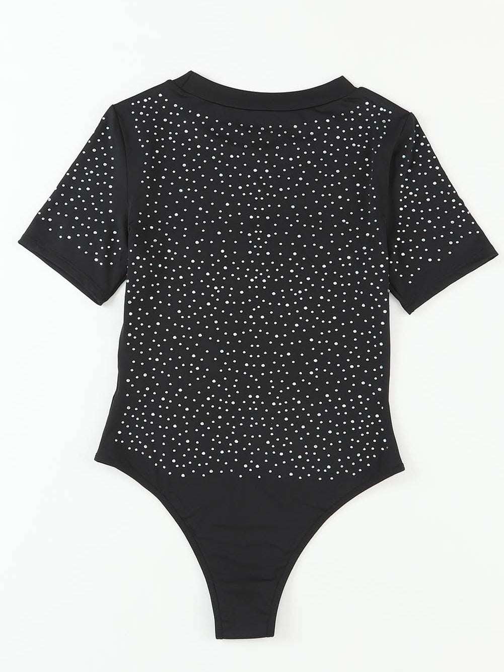 Sparkling Black Rhinestone Round Neck Short Sleeve Bodysuit