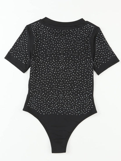 Sparkling Black Rhinestone Round Neck Short Sleeve Bodysuit