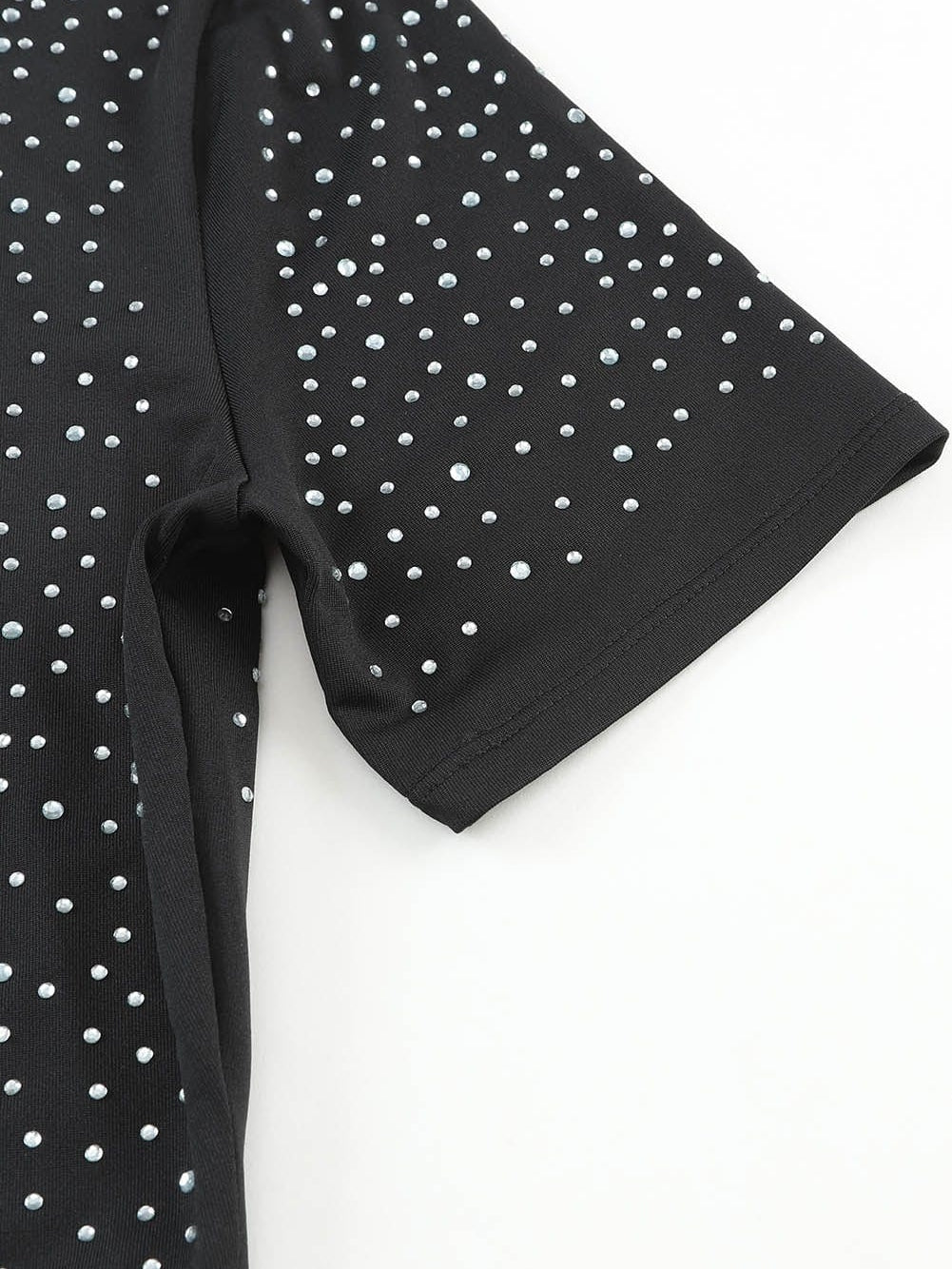 Sparkling Black Rhinestone Round Neck Short Sleeve Bodysuit