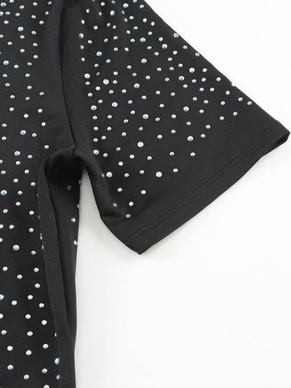 Sparkling Black Rhinestone Round Neck Short Sleeve Bodysuit