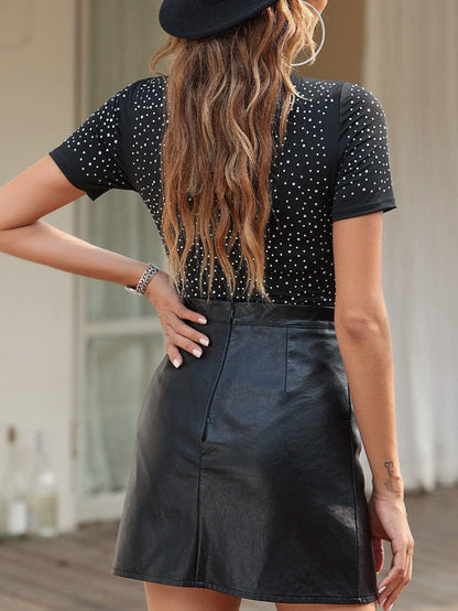 Sparkling Black Rhinestone Round Neck Short Sleeve Bodysuit