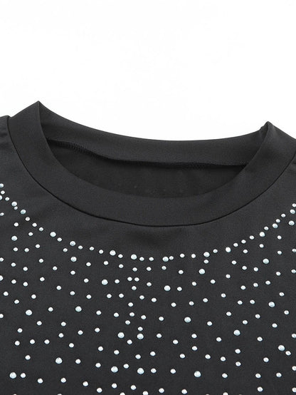 Sparkling Black Rhinestone Round Neck Short Sleeve Bodysuit