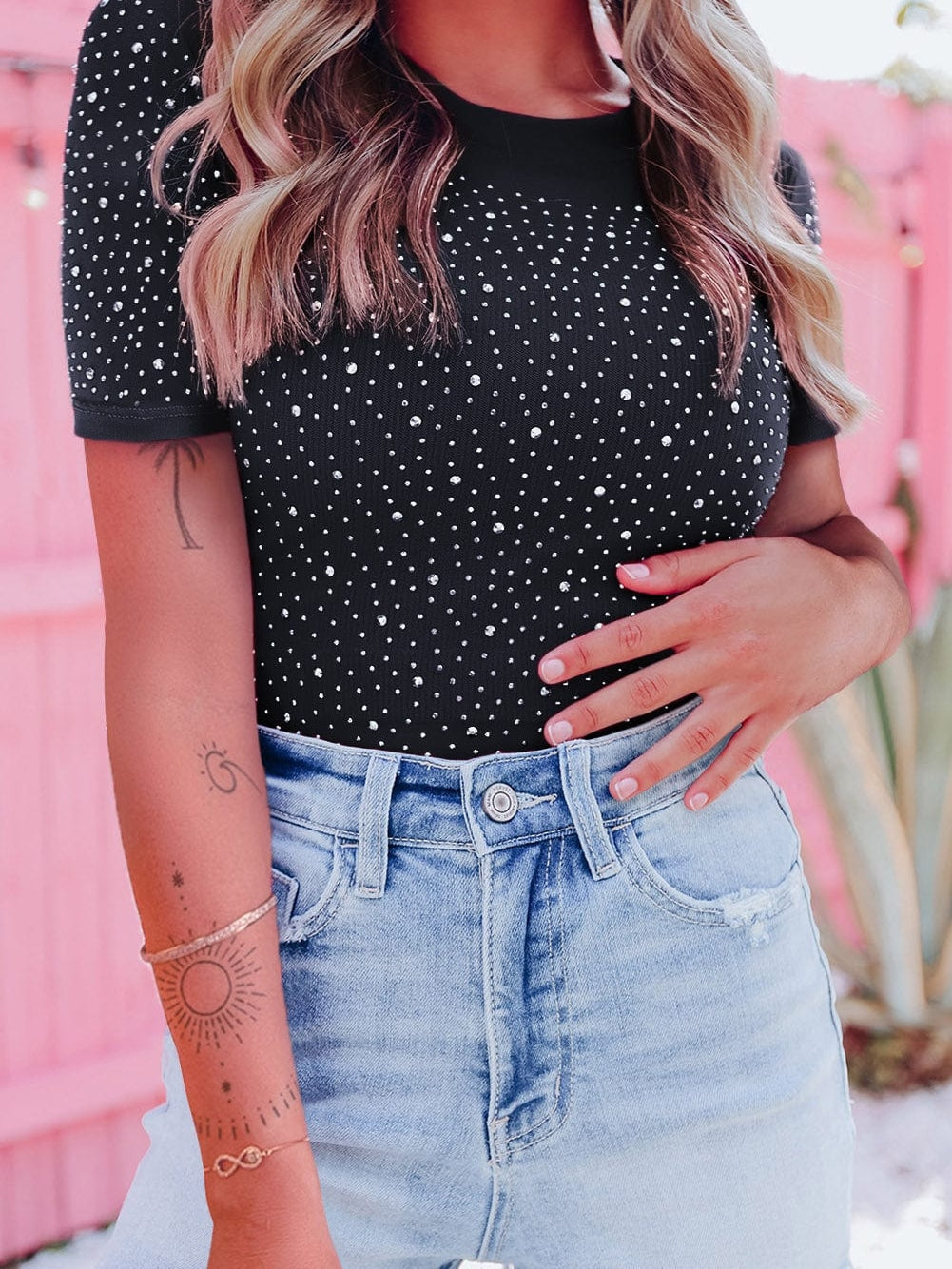 Sparkling Black Rhinestone Round Neck Short Sleeve Bodysuit