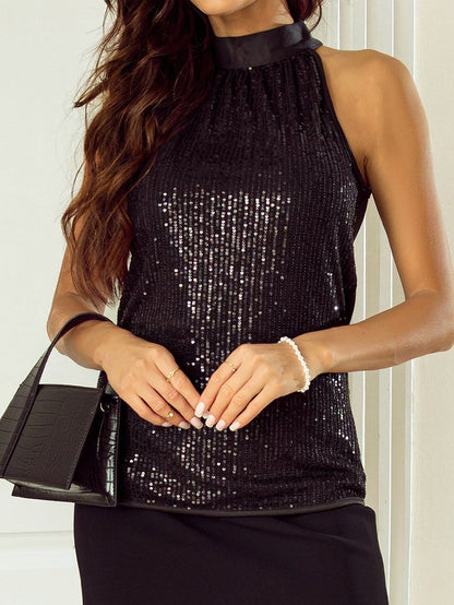 Sparkling Black Sequin Halter Tank Top