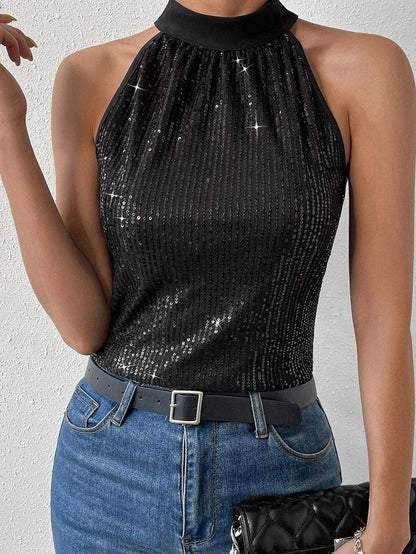 Sparkling Black Sequin Halter Tank Top