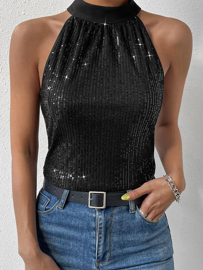 Sparkling Black Sequin Halter Tank Top
