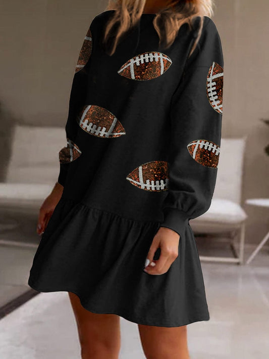 Sparkling Black Sequin Rugby Dress with Ruffled Hem