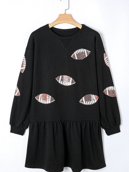 Sparkling Black Sequin Rugby Dress with Ruffled Hem