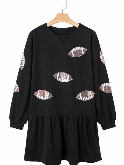 Sparkling Black Sequin Rugby Dress with Ruffled Hem