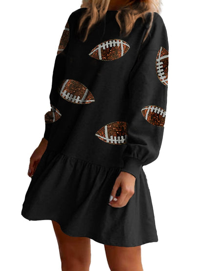Sparkling Black Sequin Rugby Dress with Ruffled Hem
