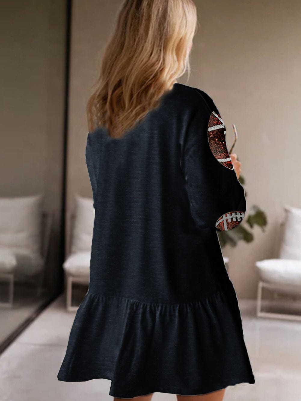 Sparkling Black Sequin Rugby Dress with Ruffled Hem