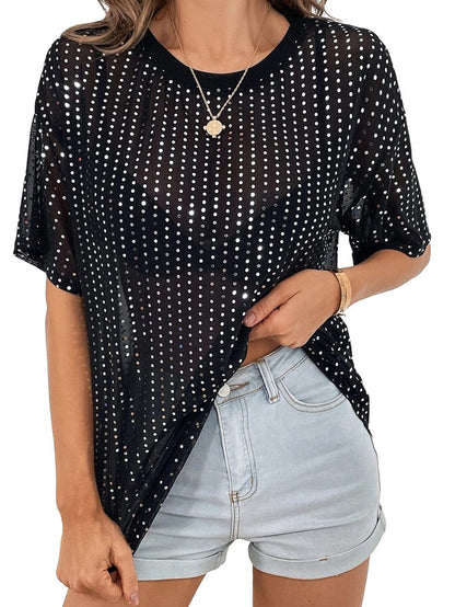 Sparkling Black Sequin Sheer Drop Shoulder Tee