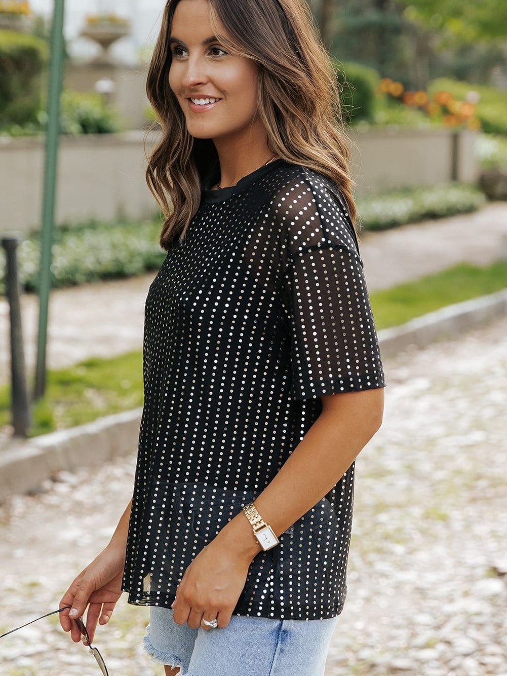 Sparkling Black Sequin Sheer Drop Shoulder Tee