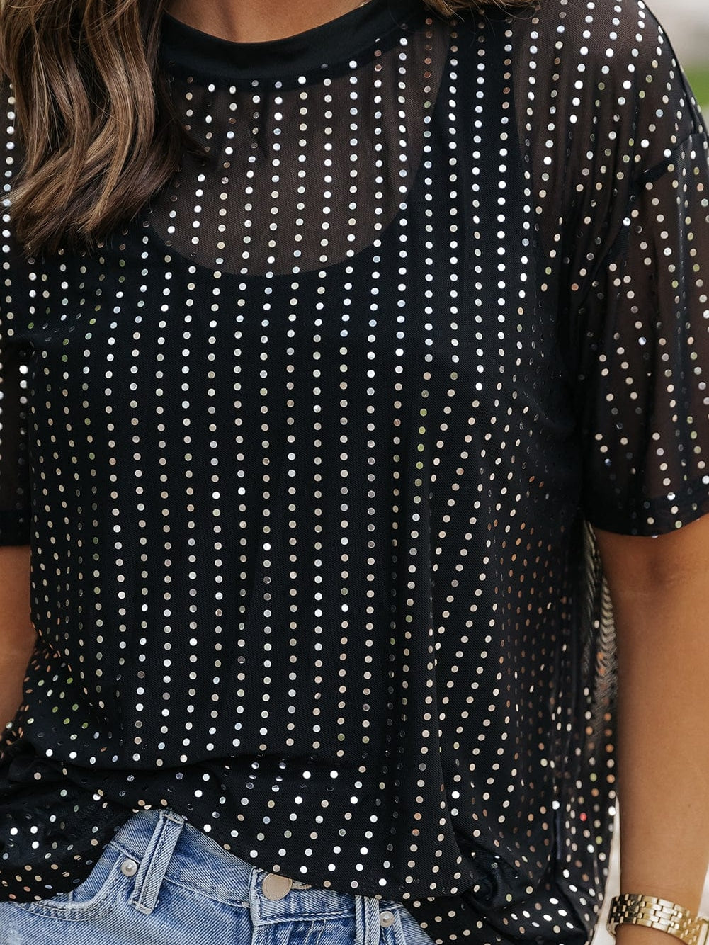 Sparkling Black Sequin Sheer Drop Shoulder Tee