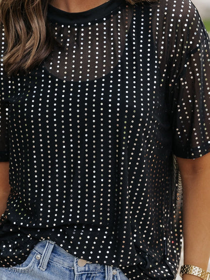 Sparkling Black Sequin Sheer Drop Shoulder Tee