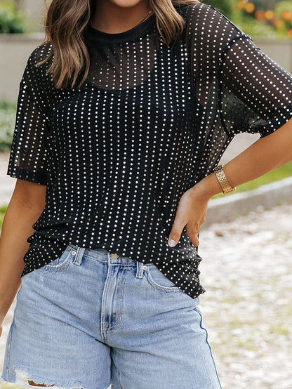 Sparkling Black Sequin Sheer Drop Shoulder Tee
