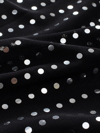 Sparkling Black Sequin Sheer Drop Shoulder Tee