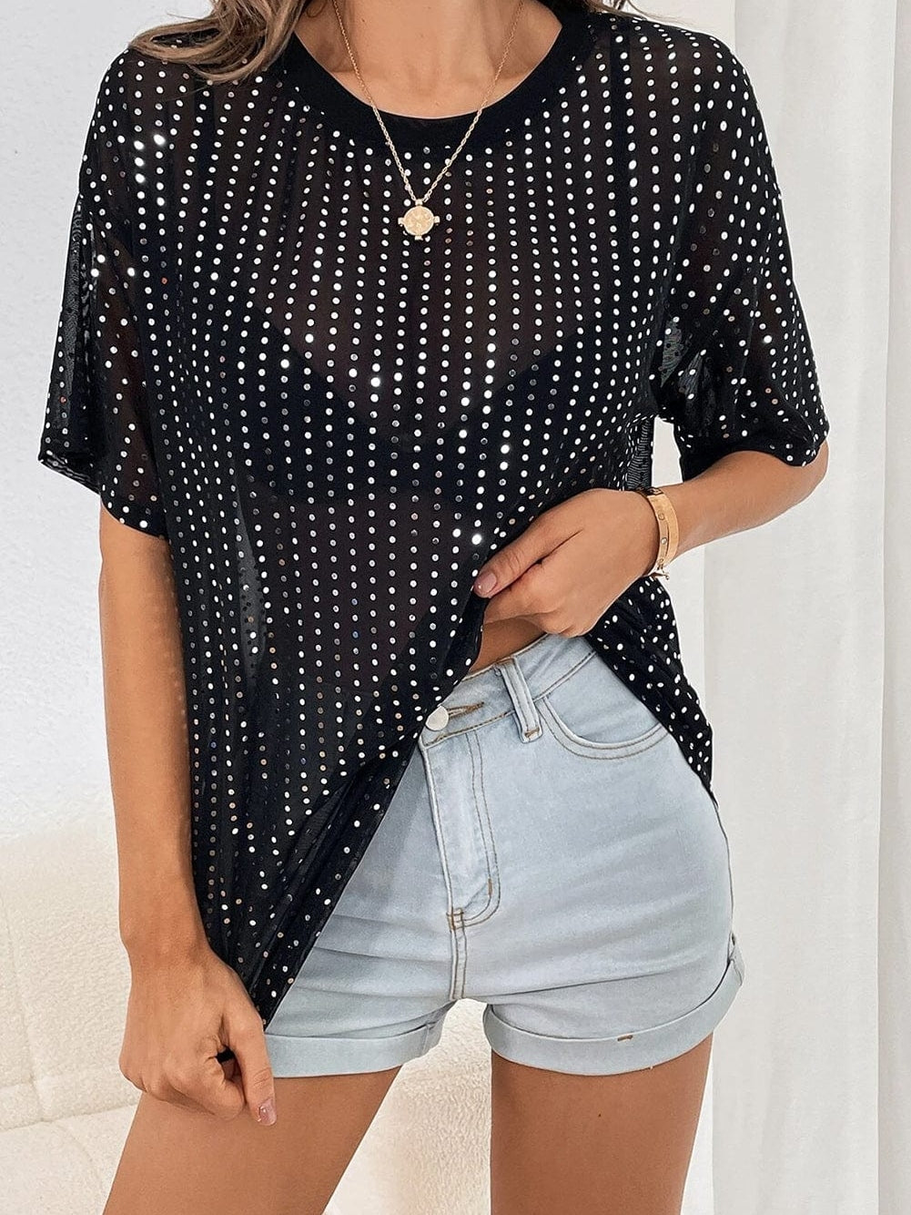 Sparkling Black Sequin Sheer Drop Shoulder Tee