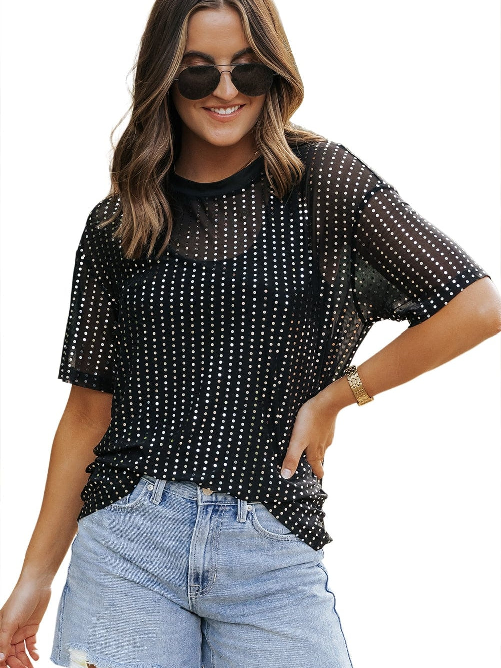 Sparkling Black Sequin Sheer Drop Shoulder Tee