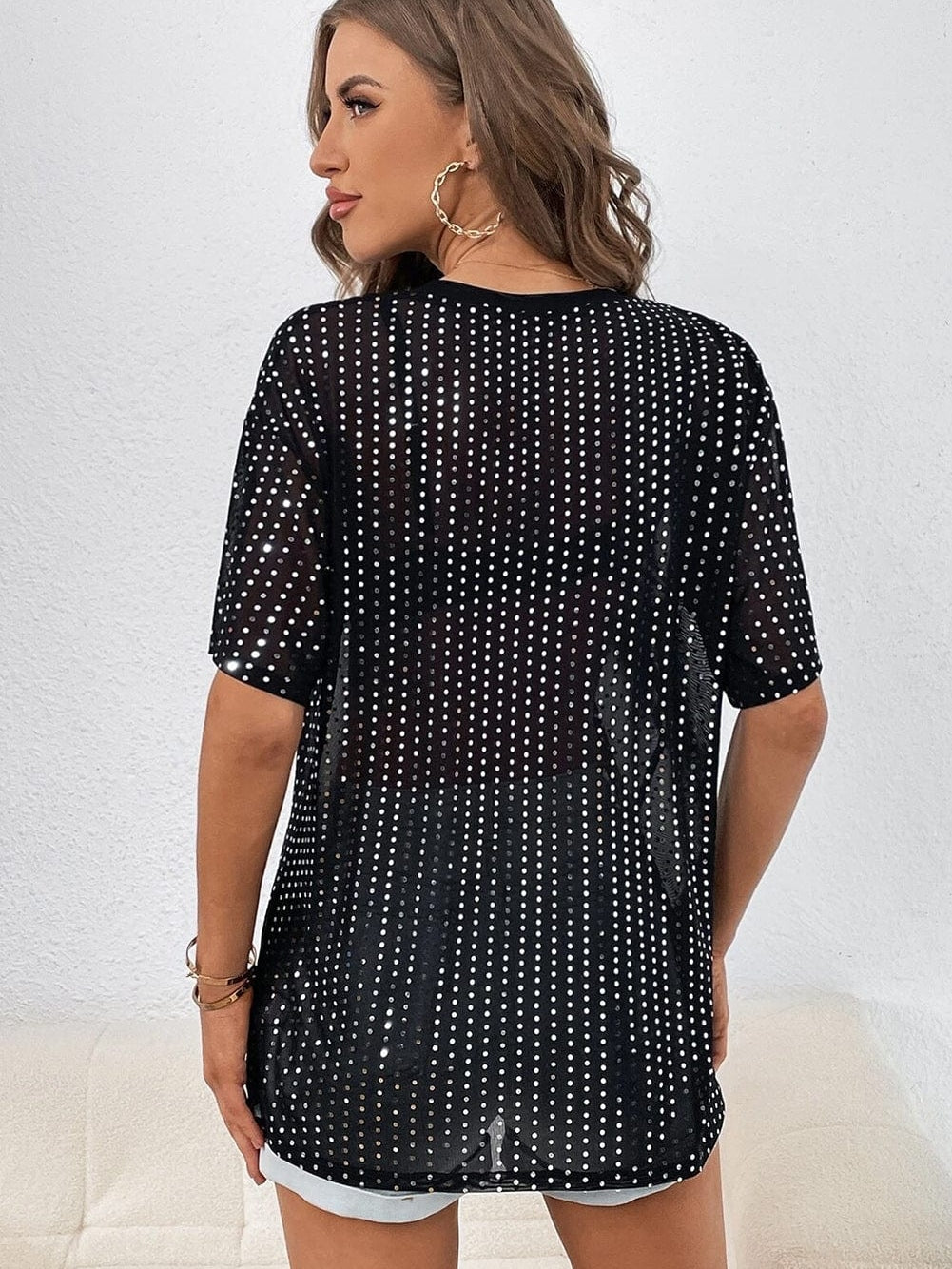 Sparkling Black Sequin Sheer Drop Shoulder Tee
