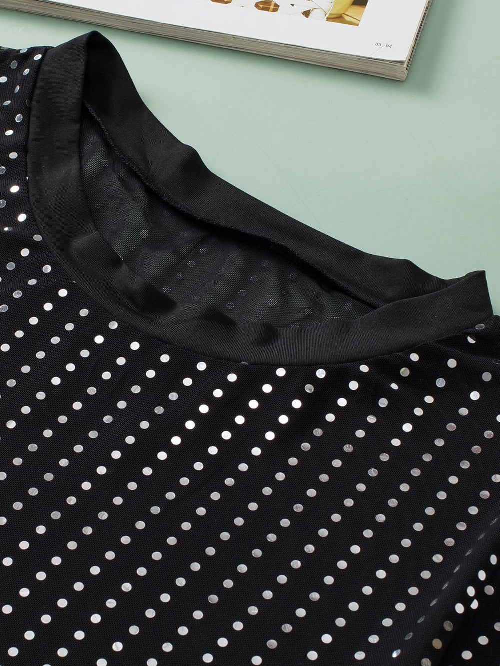 Sparkling Black Sequin Sheer Drop Shoulder Tee