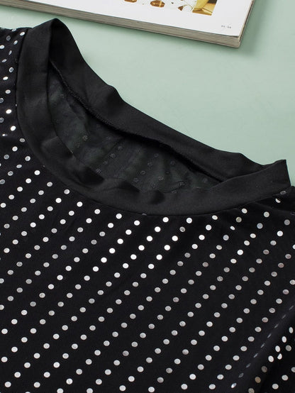 Sparkling Black Sequin Sheer Drop Shoulder Tee
