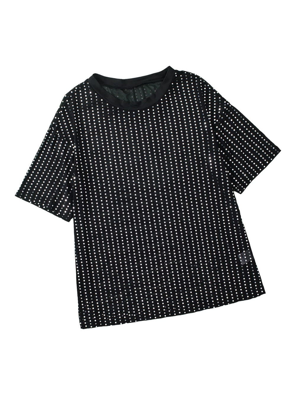 Sparkling Black Sequin Sheer Drop Shoulder Tee