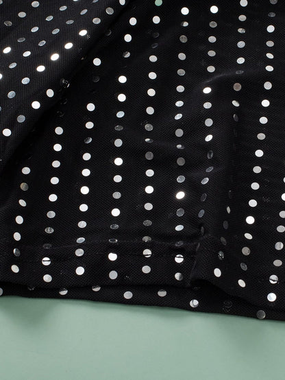 Sparkling Black Sequin Sheer Drop Shoulder Tee