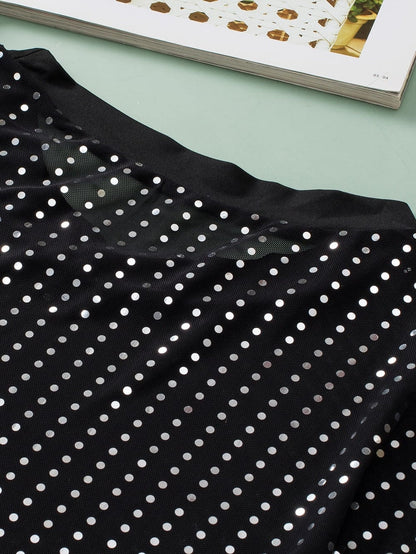 Sparkling Black Sequin Sheer Drop Shoulder Tee