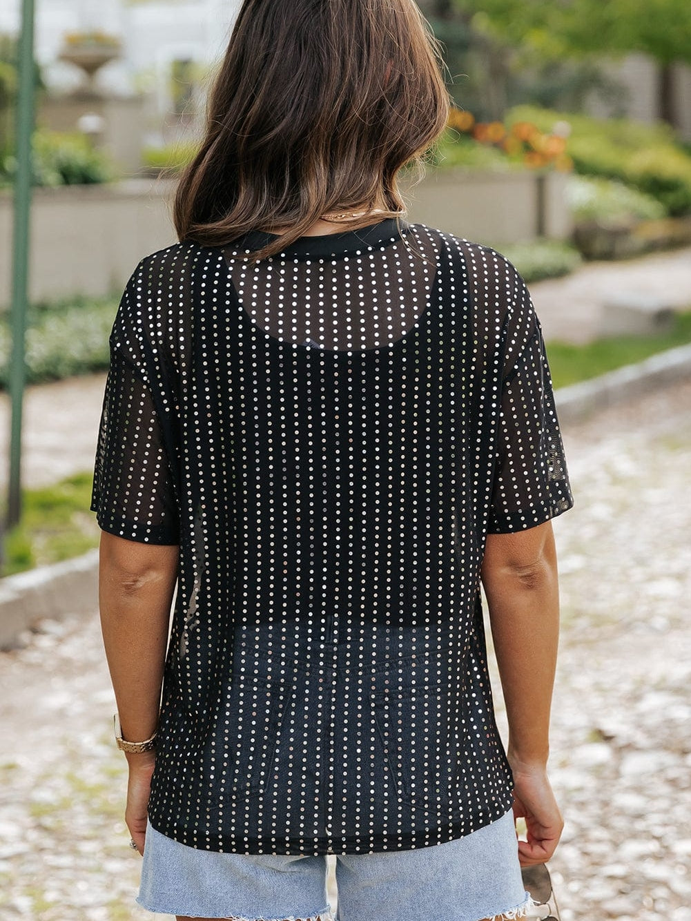 Sparkling Black Sequin Sheer Drop Shoulder Tee