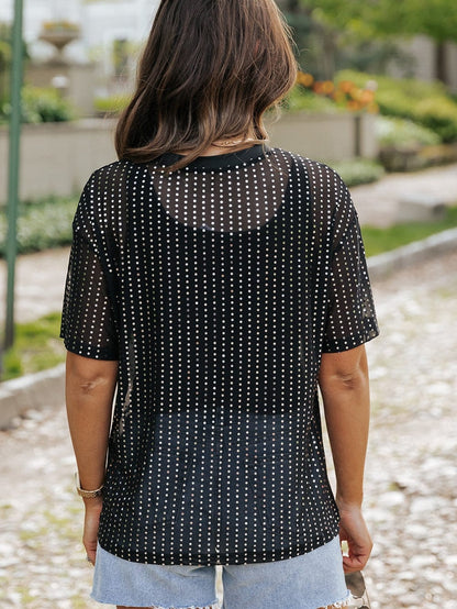 Sparkling Black Sequin Sheer Drop Shoulder Tee