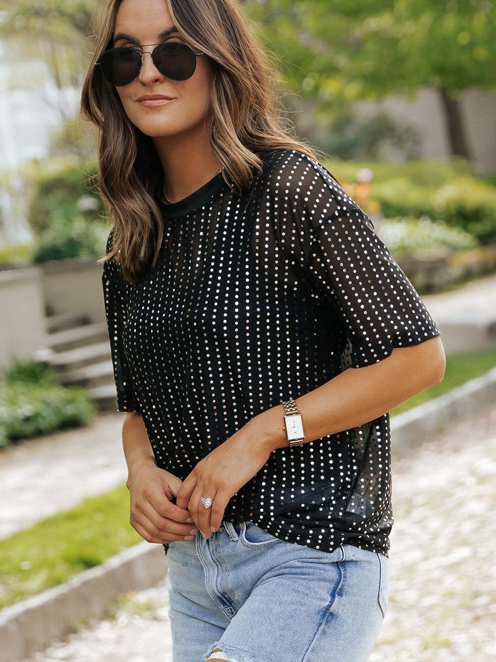 Sparkling Black Sequin Sheer Drop Shoulder Tee