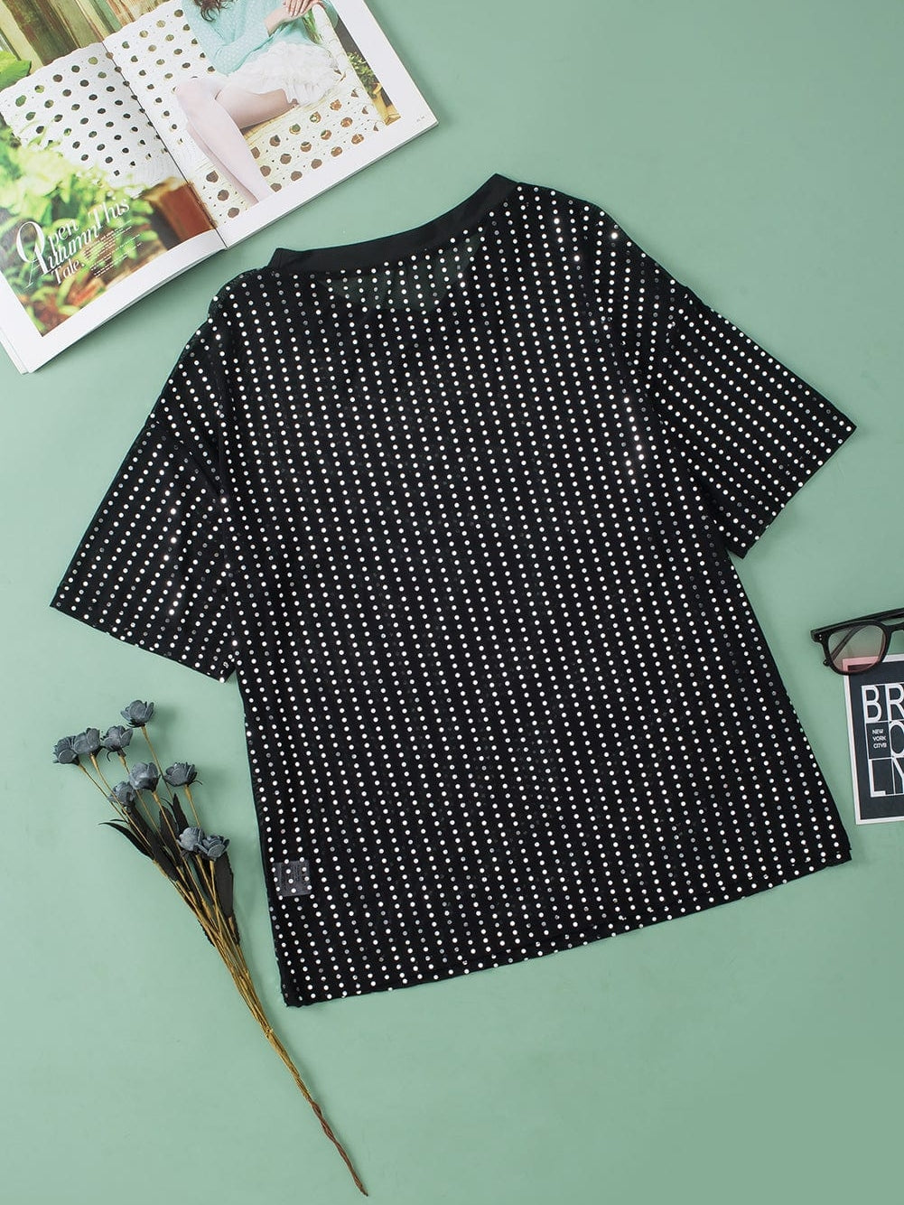 Sparkling Black Sequin Sheer Drop Shoulder Tee