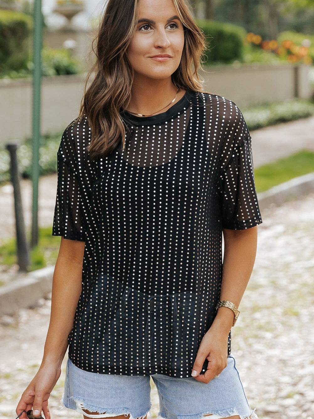 Sparkling Black Sequin Sheer Drop Shoulder Tee