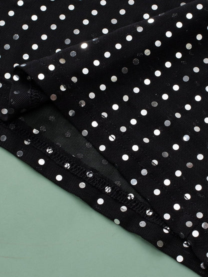 Sparkling Black Sequin Sheer Drop Shoulder Tee