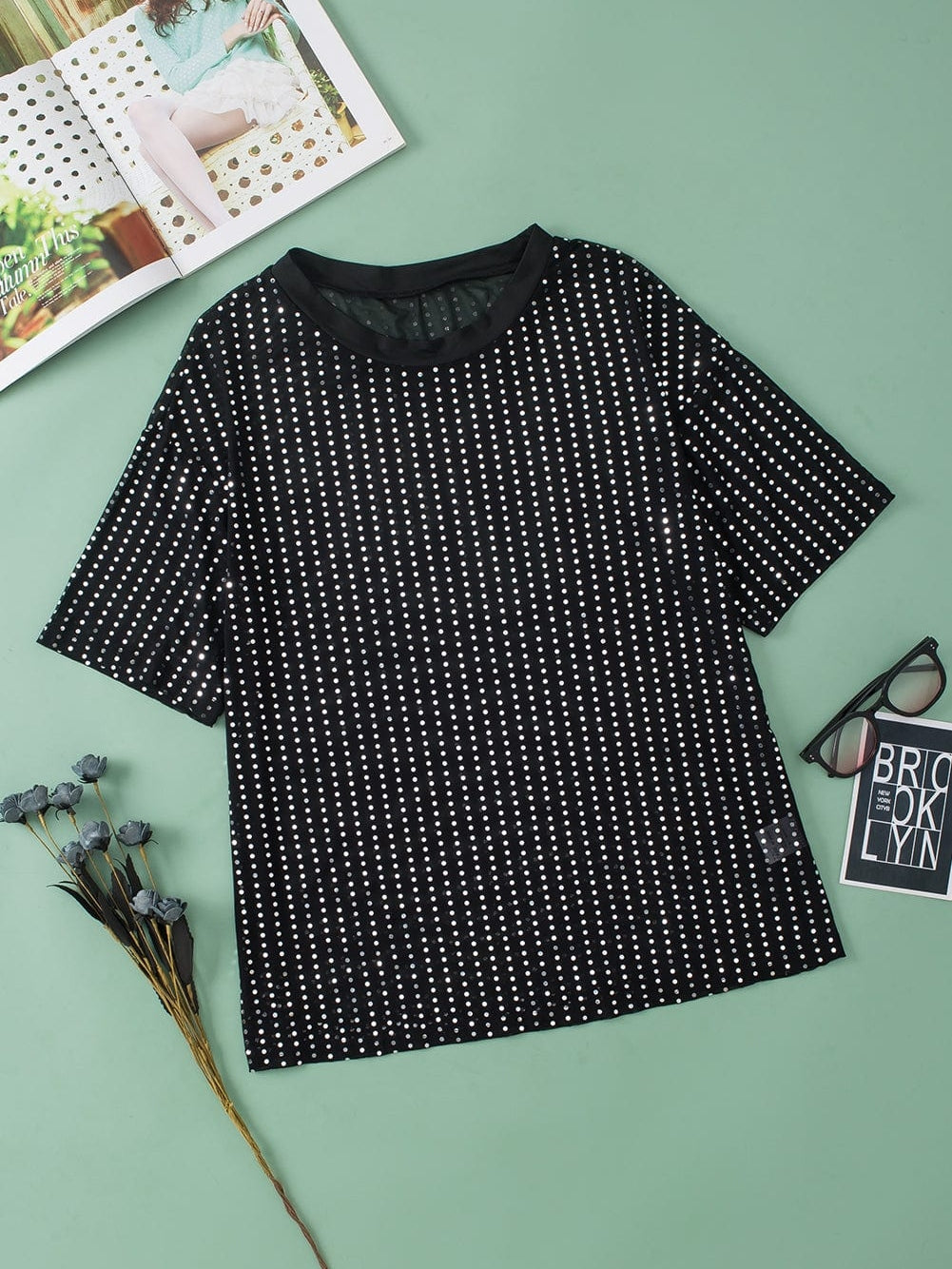 Sparkling Black Sequin Sheer Drop Shoulder Tee
