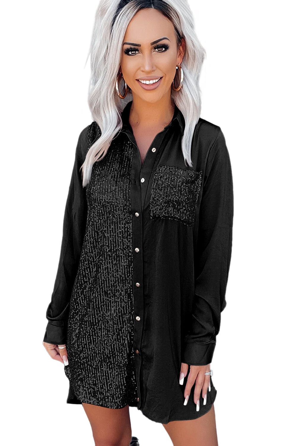 Sparkling Black Sequin Shirt Dress with Pocket Details