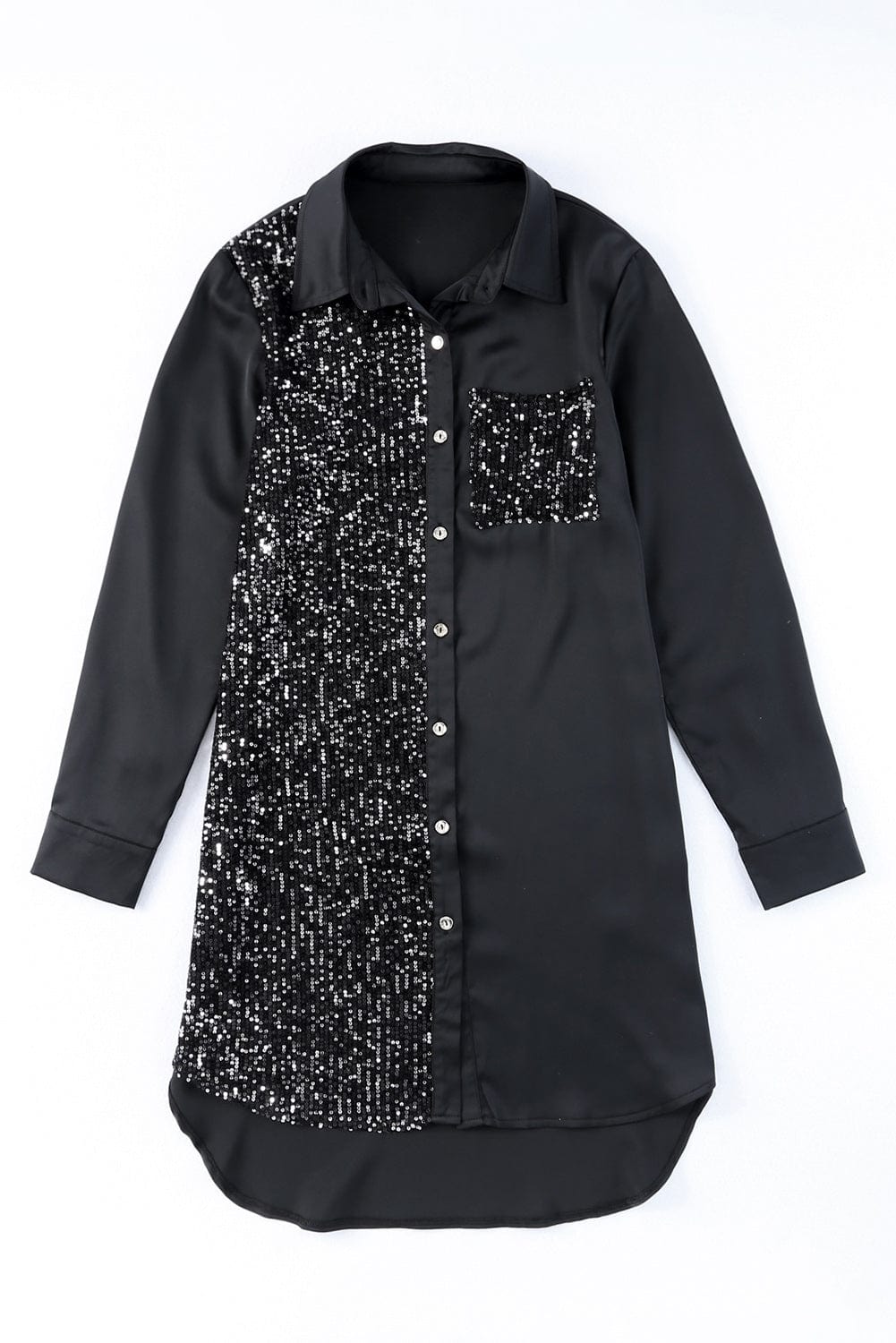 Sparkling Black Sequin Shirt Dress with Pocket Details