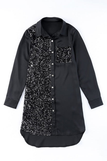 Sparkling Black Sequin Shirt Dress with Pocket Details