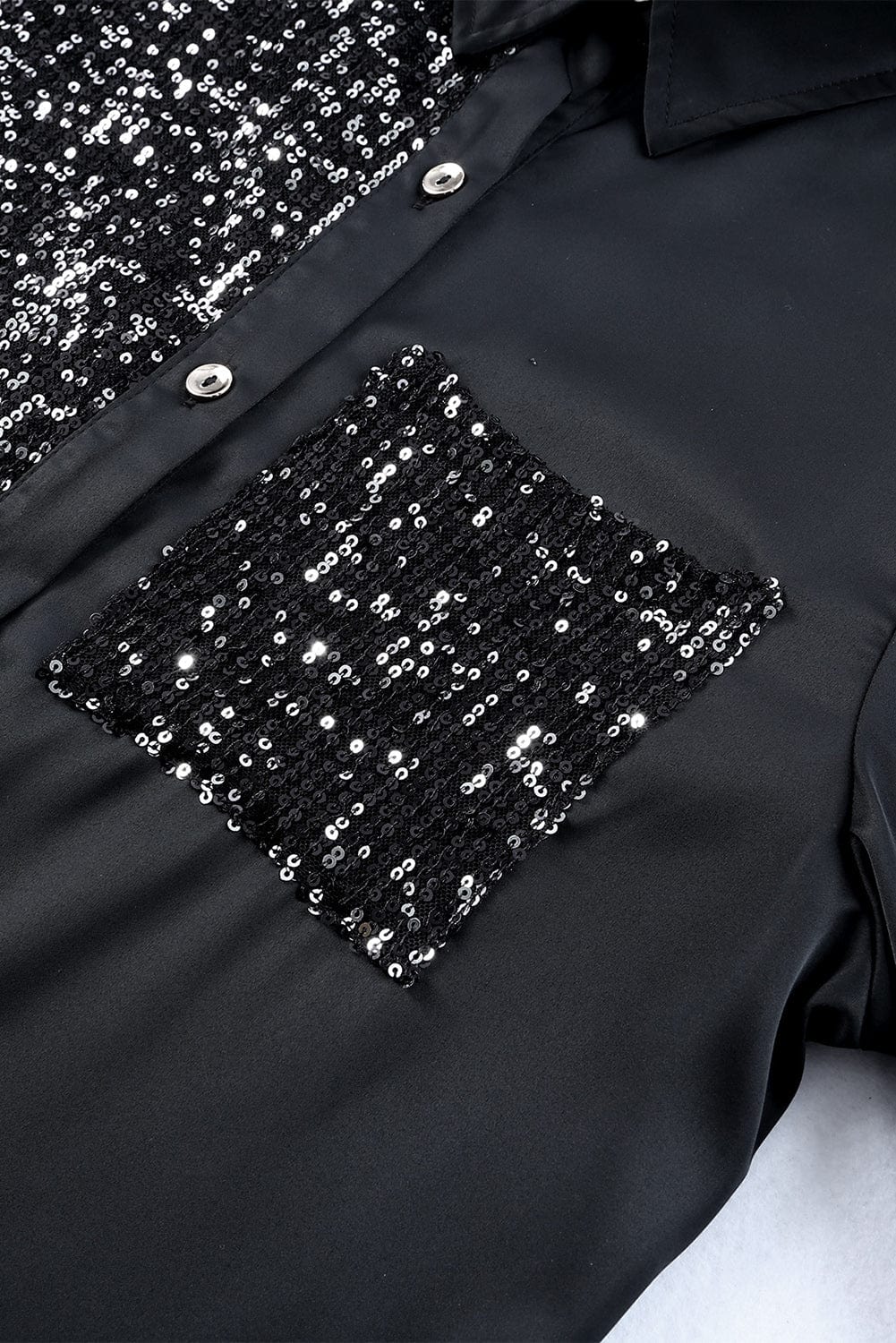 Sparkling Black Sequin Shirt Dress with Pocket Details