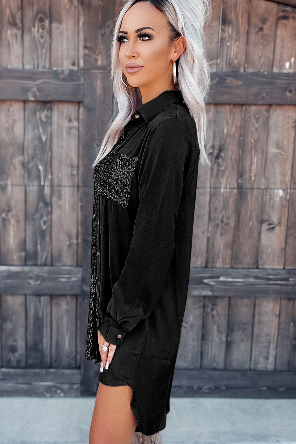 Sparkling Black Sequin Shirt Dress with Pocket Details